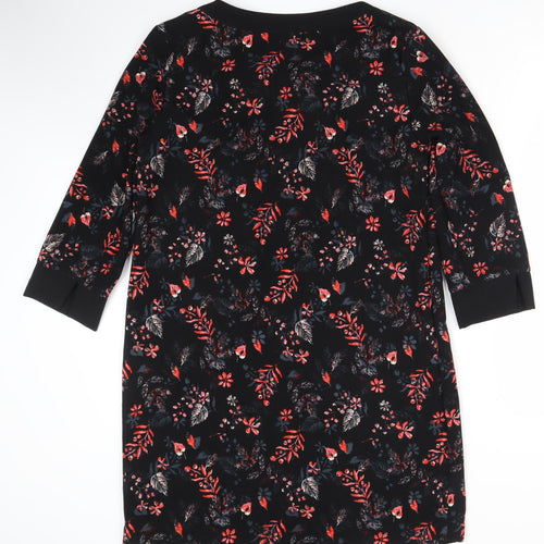 Miss Captain Womens Black Floral Shift Dress Size 12 3/4 Sleeve Bow Detail