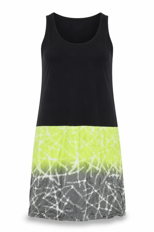 Front view of Miss Captain women’s black green grey tie dye tank dress, size UK 14