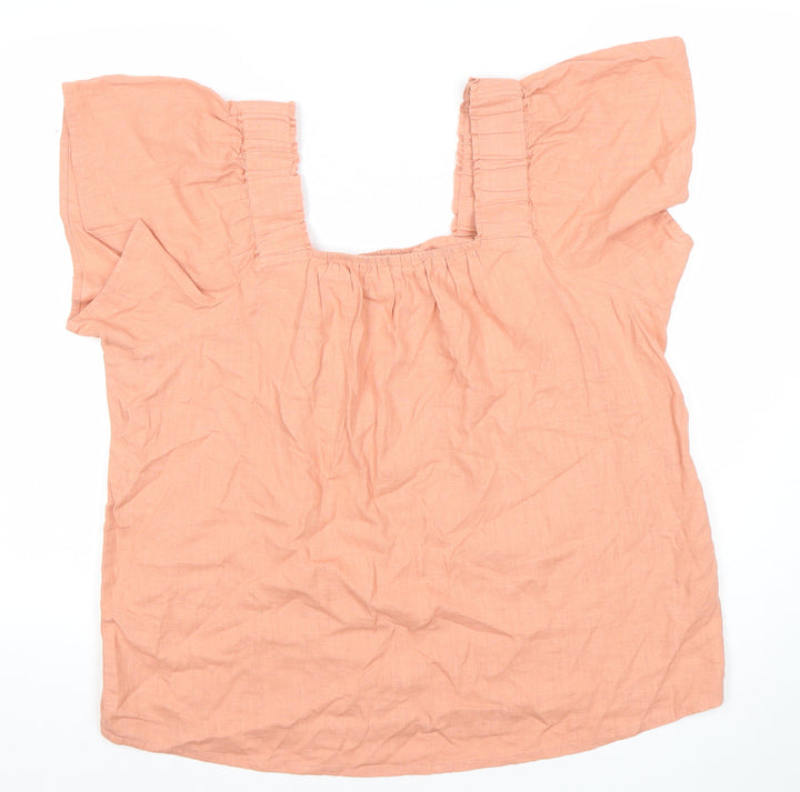 Next Womens Pink Linen Blend Blouse Size 12 Flutter Sleeve