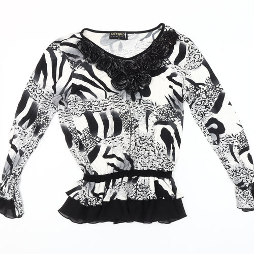 Markwar Women’s Black White Animal Print Beaded Blouse Size 14