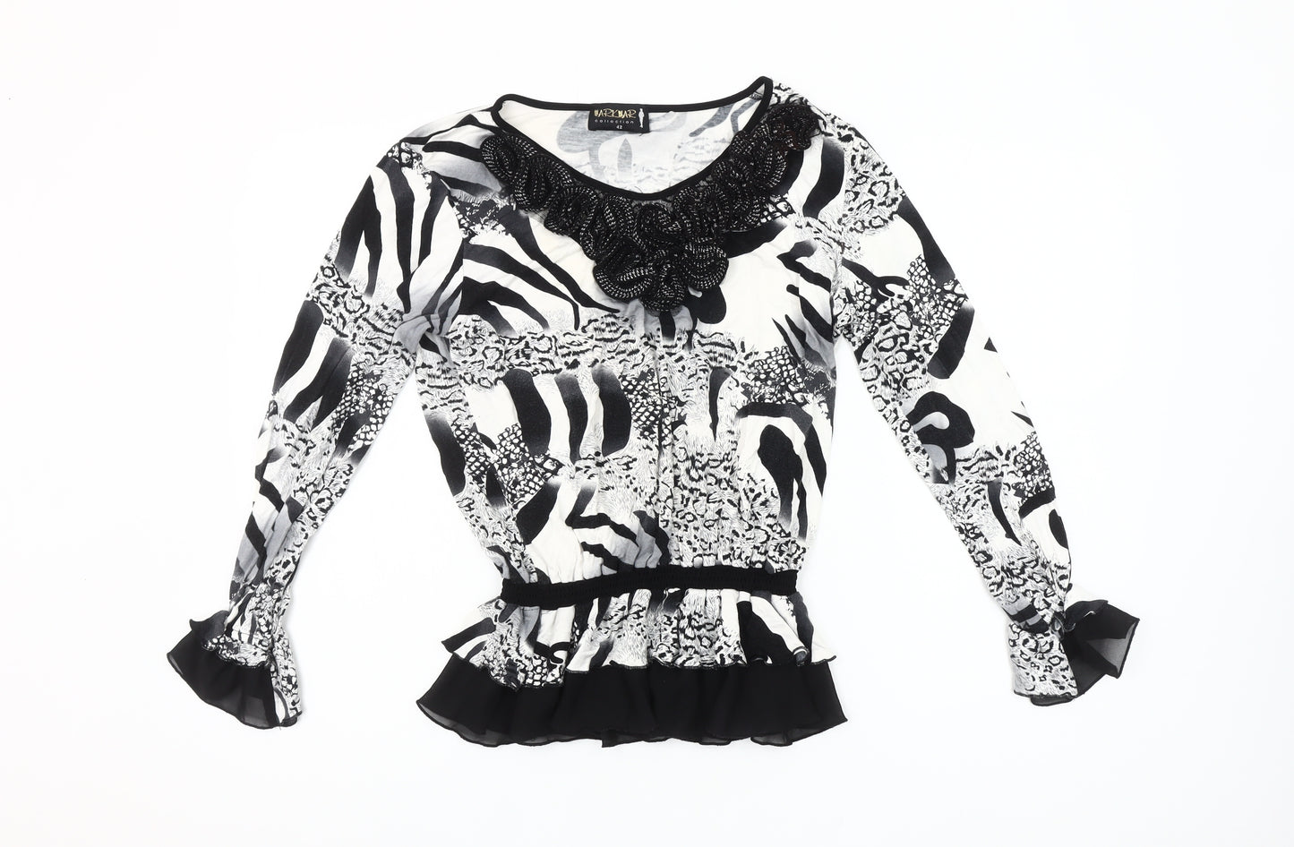 Markwar Women’s Black White Animal Print Beaded Blouse Size 14