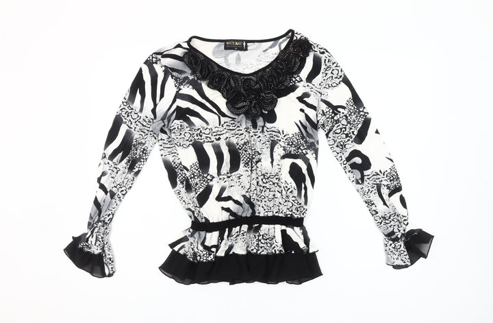 Markwar Women’s Black White Animal Print Beaded Blouse Size 14