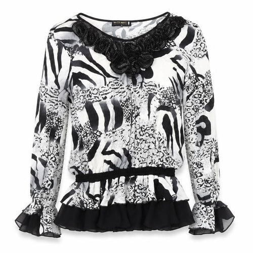 Markwar Women’s Black White Animal Print Beaded Blouse Size 14