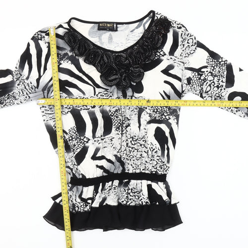 Markwar Women’s Black White Animal Print Beaded Blouse Size 14