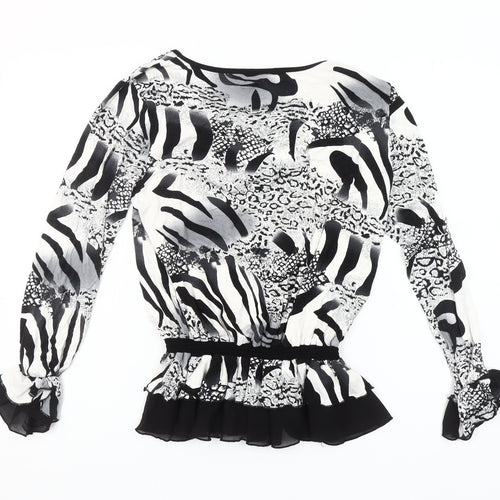 Markwar Women’s Black White Animal Print Beaded Blouse Size 14