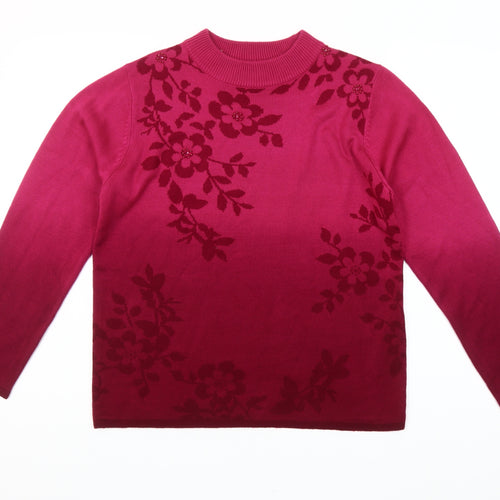Fay Louise Womens Pink Floral Beaded Pullover Jumper M Mock Neck