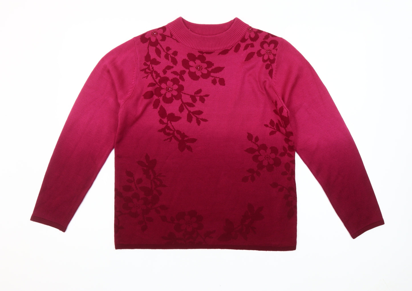 Fay Louise Womens Pink Floral Beaded Pullover Jumper M Mock Neck