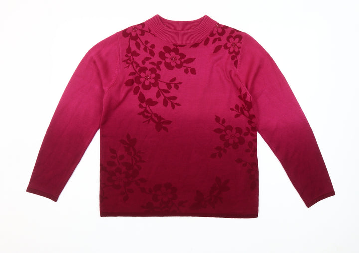 Fay Louise Womens Pink Floral Beaded Pullover Jumper M Mock Neck