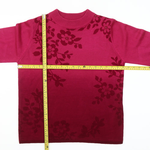 Fay Louise Womens Pink Floral Beaded Pullover Jumper M Mock Neck