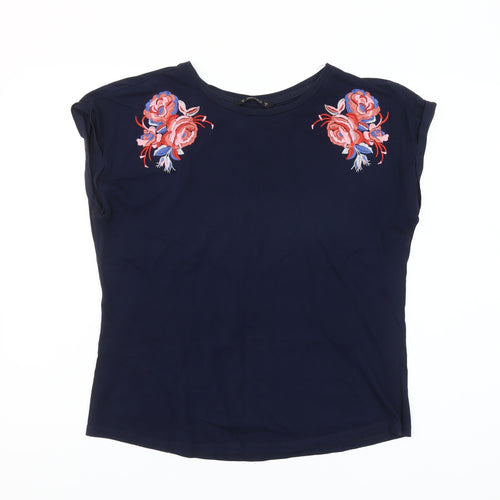 Dunnes Womens Blue Embroidered Floral Cotton T-Shirt M