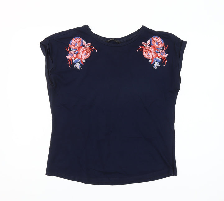 Dunnes Womens Blue Embroidered Floral Cotton T-Shirt M