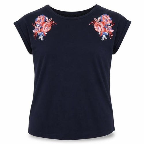 Dunnes Womens Blue Embroidered Floral Cotton T-Shirt M