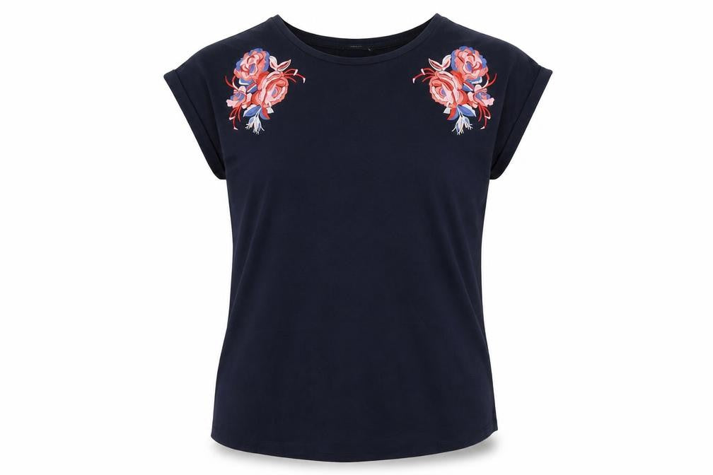 Dunnes Womens Blue Embroidered Floral Cotton T-Shirt M