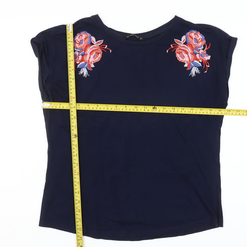 Dunnes Womens Blue Embroidered Floral Cotton T-Shirt M