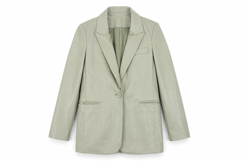 Front view of Primark Women’s Green Faux Leather Blazer Jacket, size UK 8