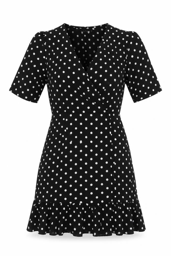 Front view of PRETTYLITTLETHING Women’s Black Polka Dot Wrap Dress, size UK 2