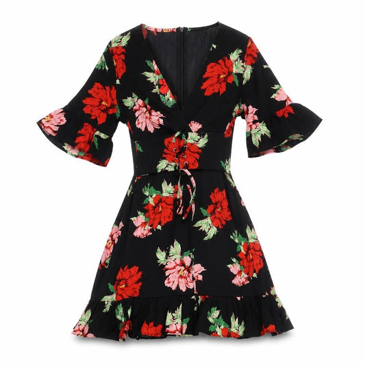 Front view of PRETTYLITTLETHING Women’s Black Floral Skater Dress, size UK 4