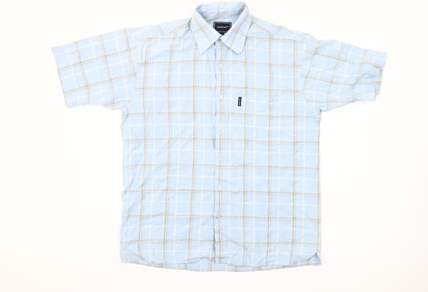 Rockport Men’s Blue Check Short Sleeve Linen Cotton Shirt S