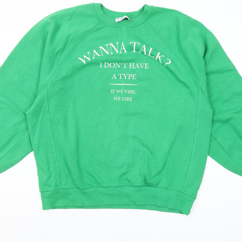 Bershka Women’s Green Graphic Pullover Sweatshirt Size 8