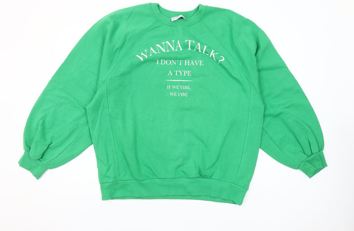 Bershka Women’s Green Graphic Pullover Sweatshirt Size 8