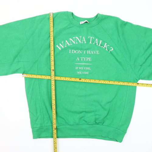 Bershka Women’s Green Graphic Pullover Sweatshirt Size 8