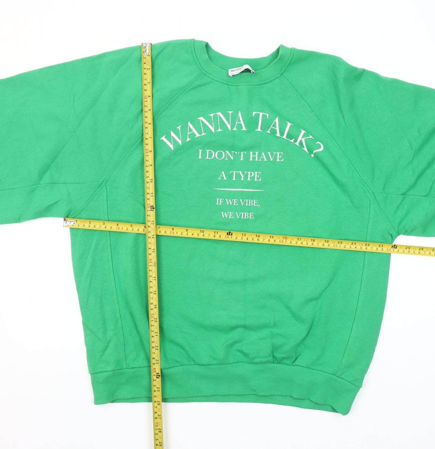 Bershka Women’s Green Graphic Pullover Sweatshirt Size 8