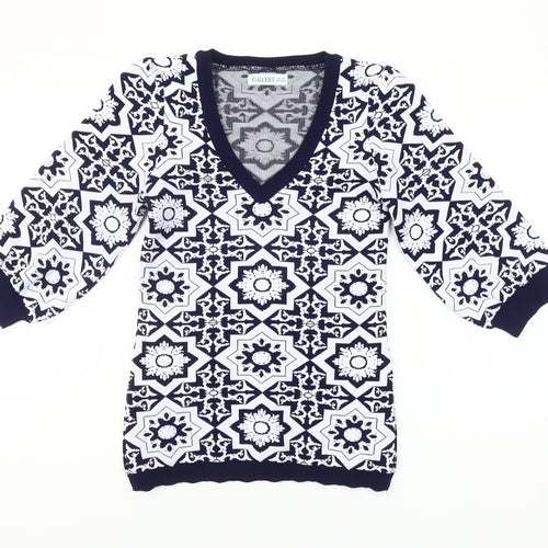 Gallery Women’s Blue XS Geometric V-Neck Knit Pullover Jumper
