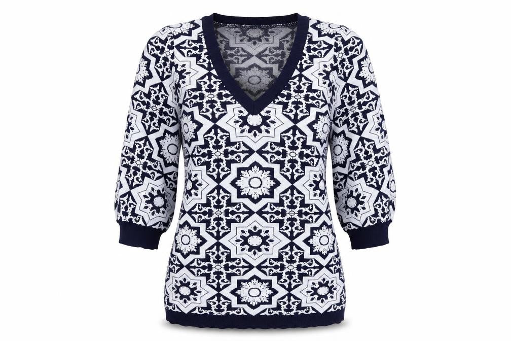 Front view of Gallery Women’s Blue XS Geometric V-Neck Knit jumper