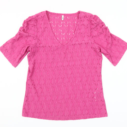 ONLY Womens Pink Size 8 V-Neck Puff Sleeve Blouse Top