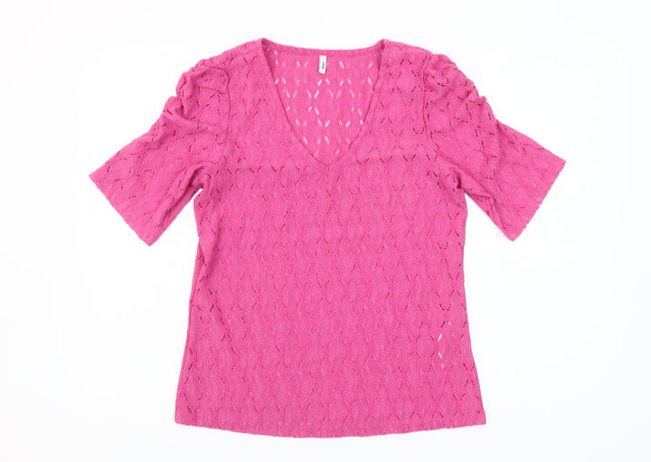 ONLY Womens Pink Size 8 V-Neck Puff Sleeve Blouse Top