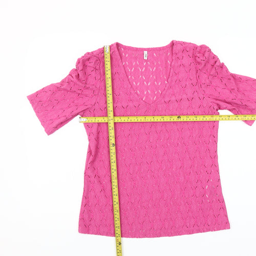 ONLY Womens Pink Size 8 V-Neck Puff Sleeve Blouse Top