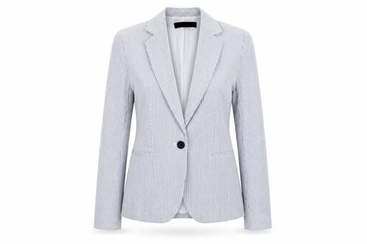 Front view of Zara Women Blue Striped Blazer, size 8 Slim, Fit One Button