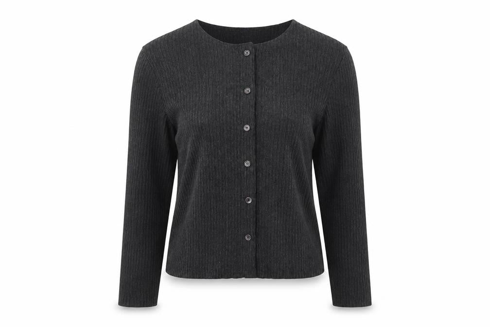 Front view of Savida women’s grey button-up top, size UK 12, long sleeve knitwear