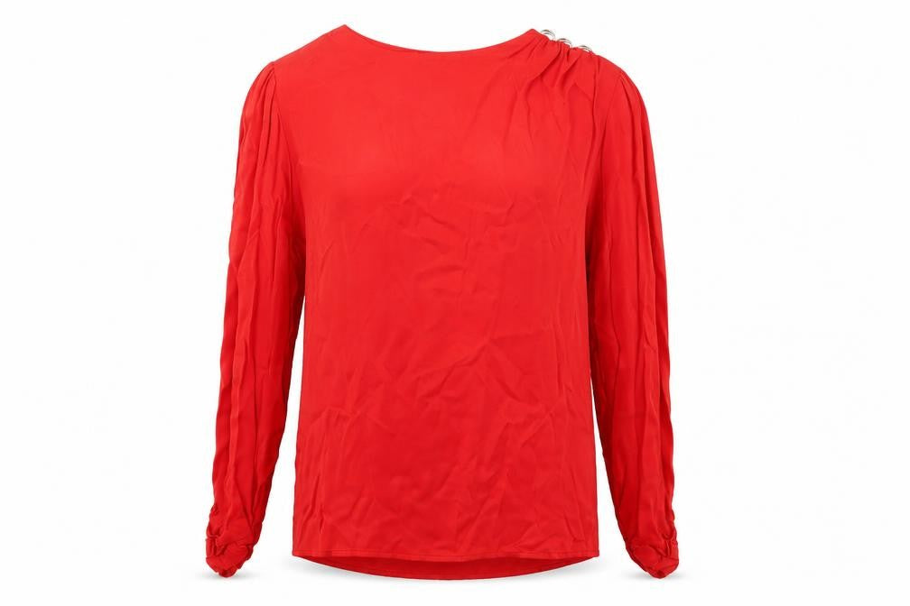 Front view of Savida Women’s Red Long Sleeve Blouse, size UK 12, Viscose Top