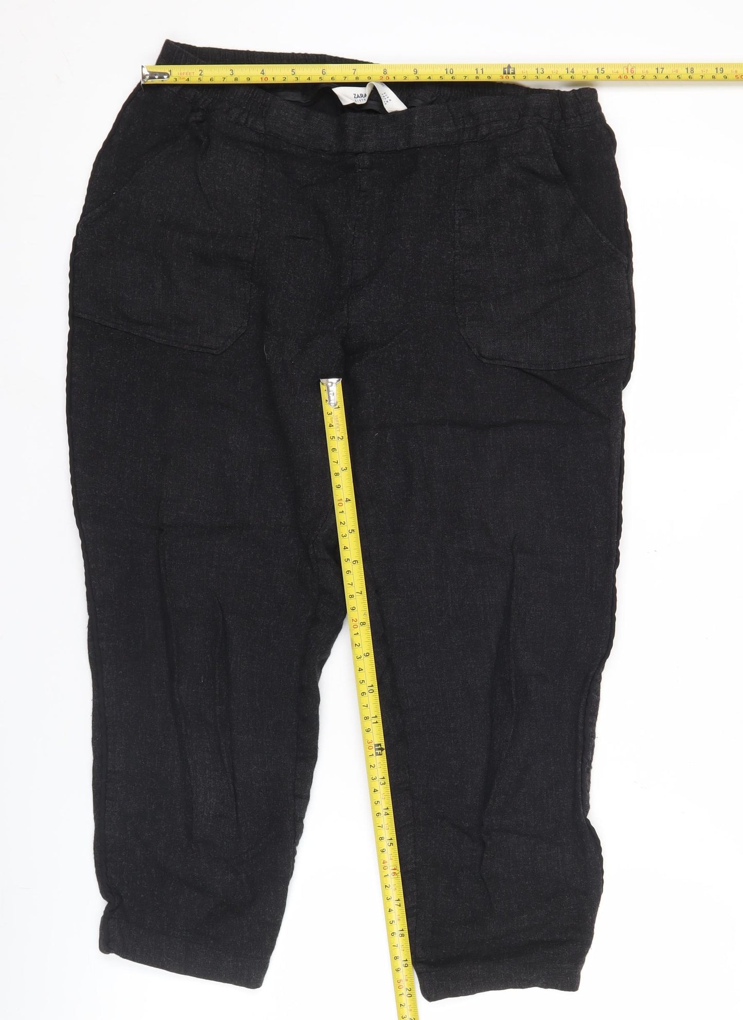 Zara Women Black Linen Blend Jogger Trousers Size M Regular