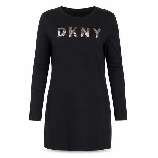 Front view of DKNY Women’s Black Sequin Logo T-Shirt Dress, size S