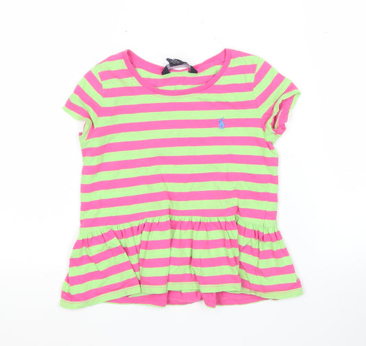 Ralph Lauren Girls Pink Green Striped Tunic T-Shirt 5 Years Cotton