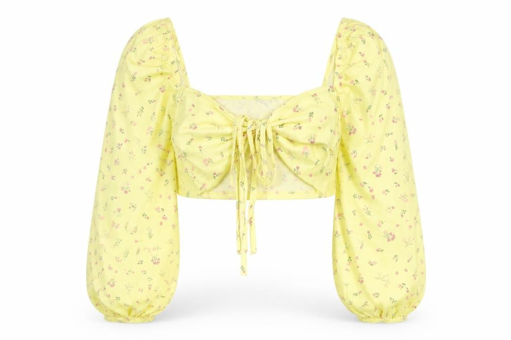 Front view of PRETTYLITTLETHING women’s yellow floral cropped blouse, size UK 12
