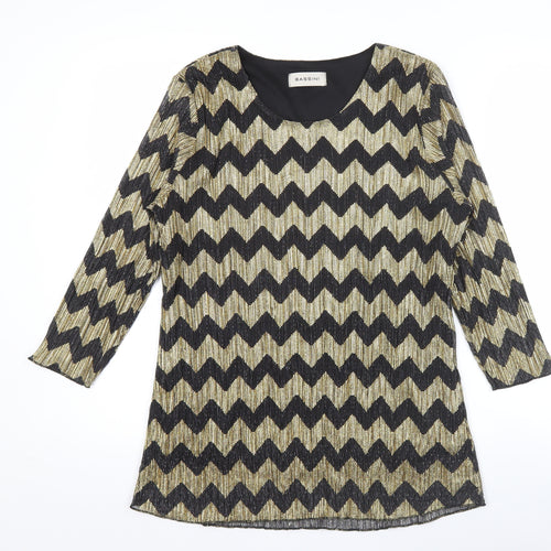 Bassini Womens Black Gold Tunic Blouse Size 16 Scoop Neck Party Top