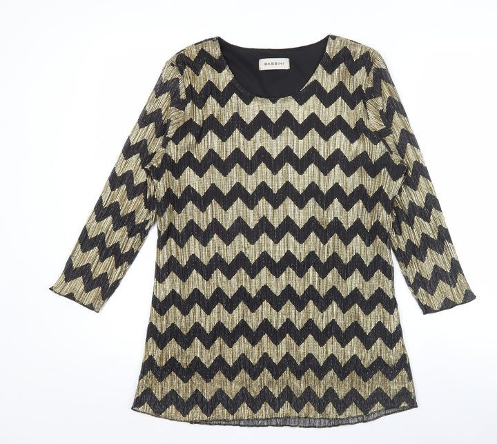 Bassini Womens Black Gold Tunic Blouse Size 16 Scoop Neck Party Top
