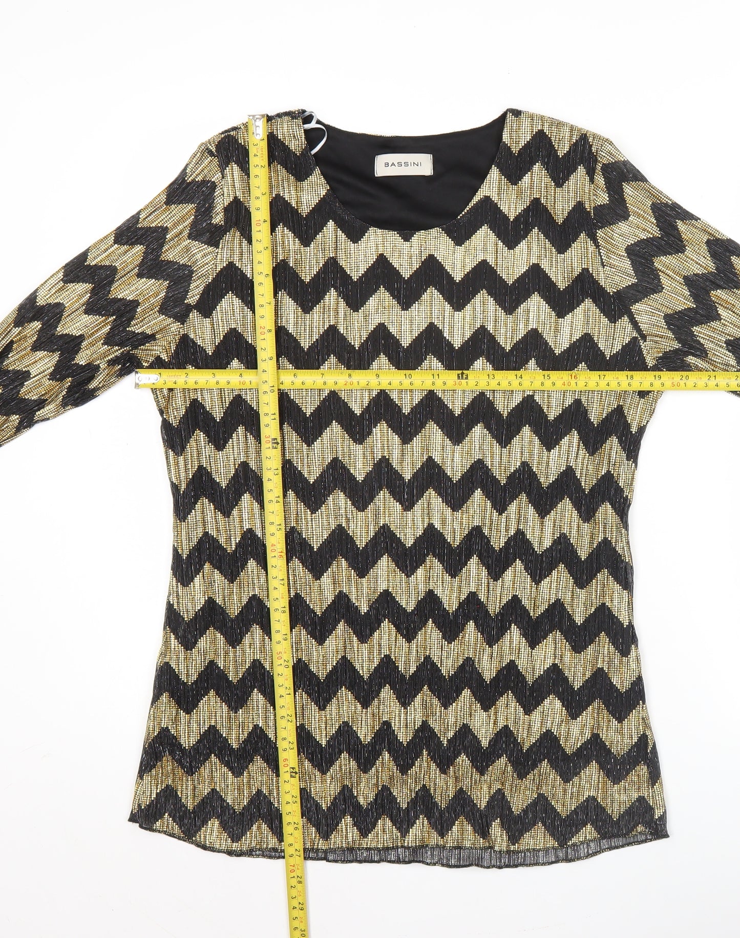 Bassini Womens Black Gold Tunic Blouse Size 16 Scoop Neck Party Top
