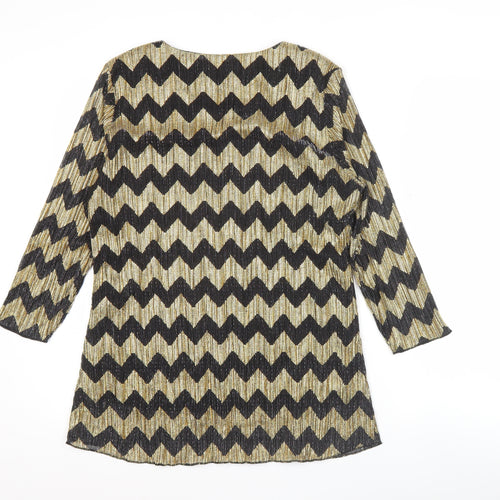 Bassini Womens Black Gold Tunic Blouse Size 16 Scoop Neck Party Top