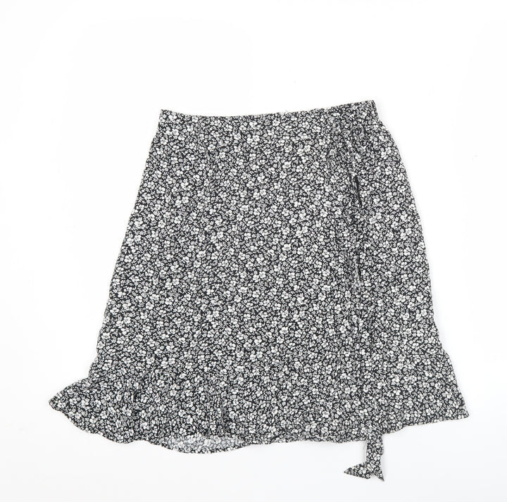 New Look Women's Black Floral Wrap Knee Length Skirt Size 8