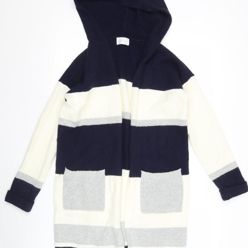 Savida Womens XS Blue Grey White Hooded Striped Open Front Cardigan Jumper