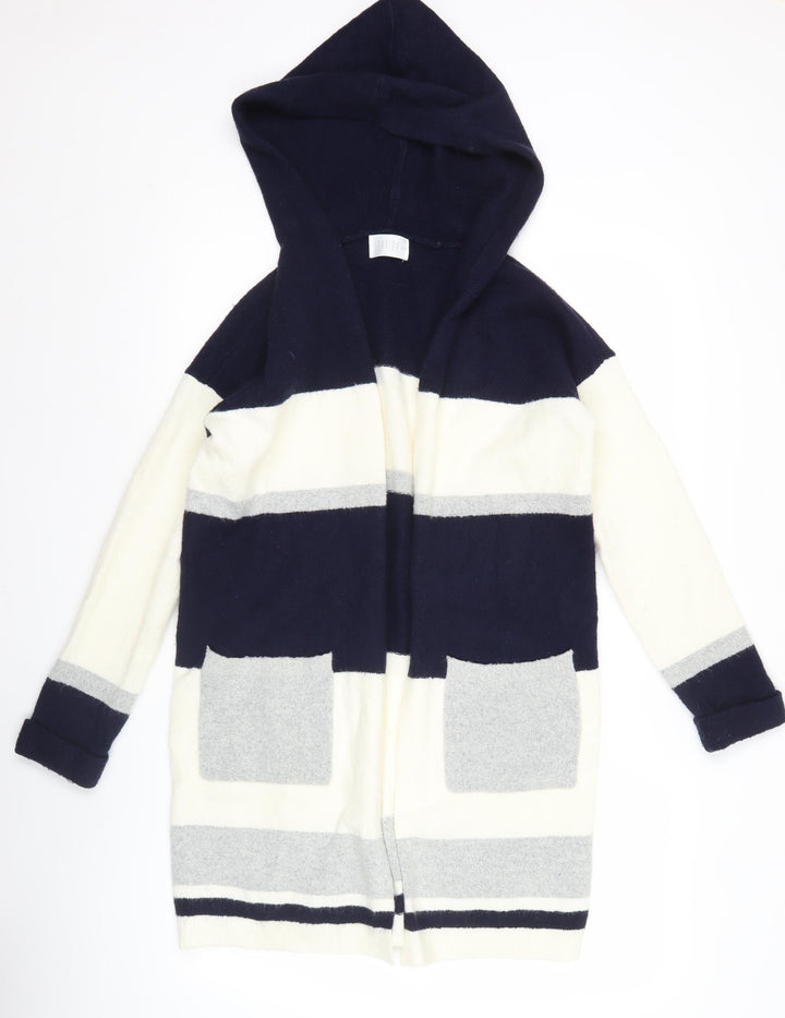 Savida Womens XS Blue Grey White Hooded Striped Open Front Cardigan Jumper