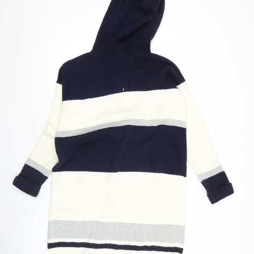 Savida Womens XS Blue Grey White Hooded Striped Open Front Cardigan Jumper