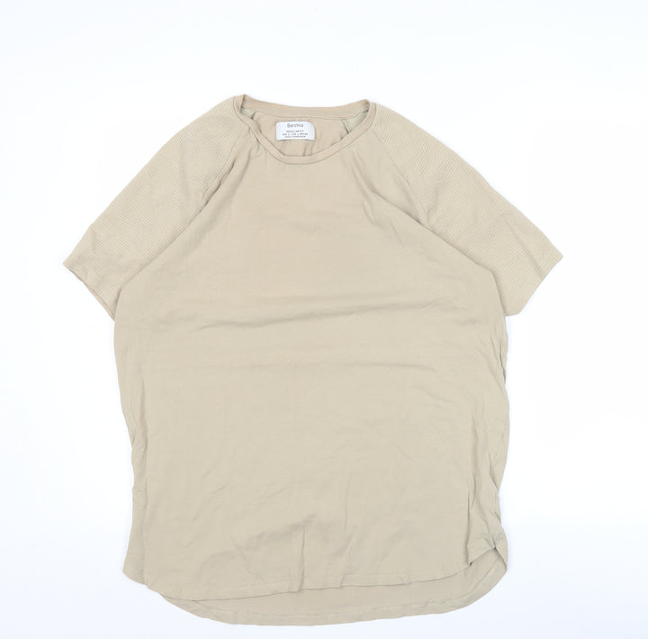 Bershka Men’s Beige Regular Fit Short Sleeve Cotton T-Shirt L
