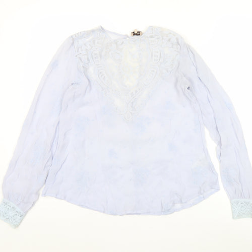 byTiMo Womens Blue Embroidered Tunic Blouse Lace Long Sleeve Size S