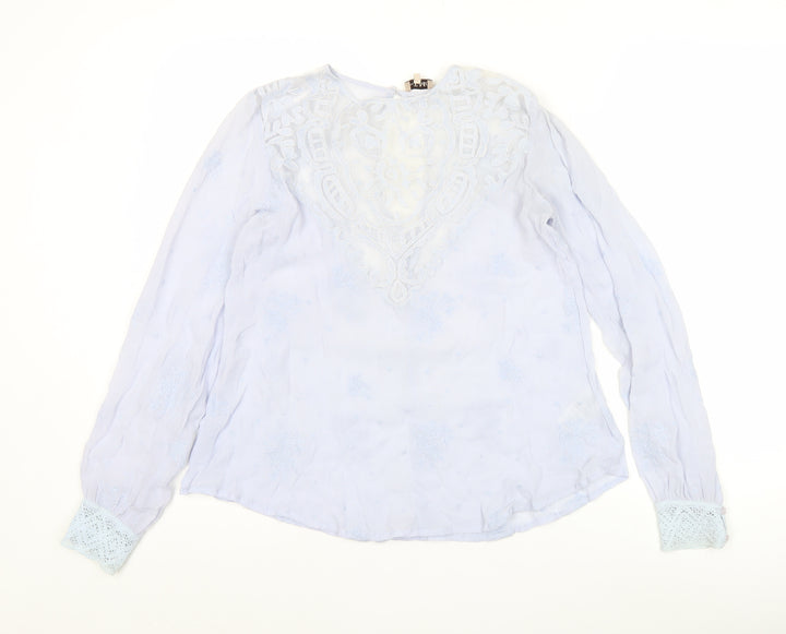 byTiMo Womens Blue Embroidered Tunic Blouse Lace Long Sleeve Size S