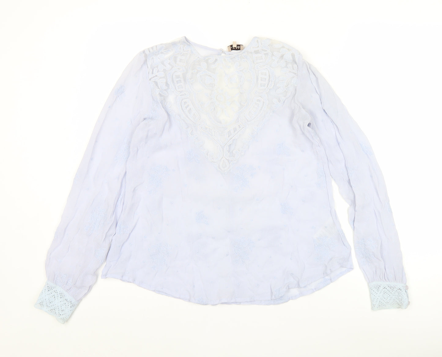 byTiMo Womens Blue Embroidered Tunic Blouse Lace Long Sleeve Size S